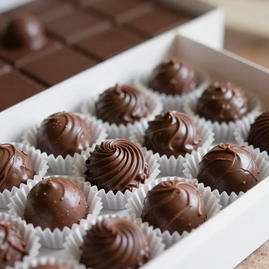 Brigadeiros gourmet decorados com confeitos coloridos em uma mesa elegante.