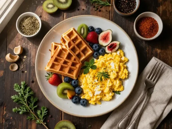 Prato de Café da Manhã Saudável com Waffles, Ovos Mexidos e Frutas