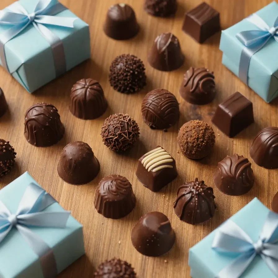Bombons de Natal decorados com cores festivas em uma mesa de madeira.