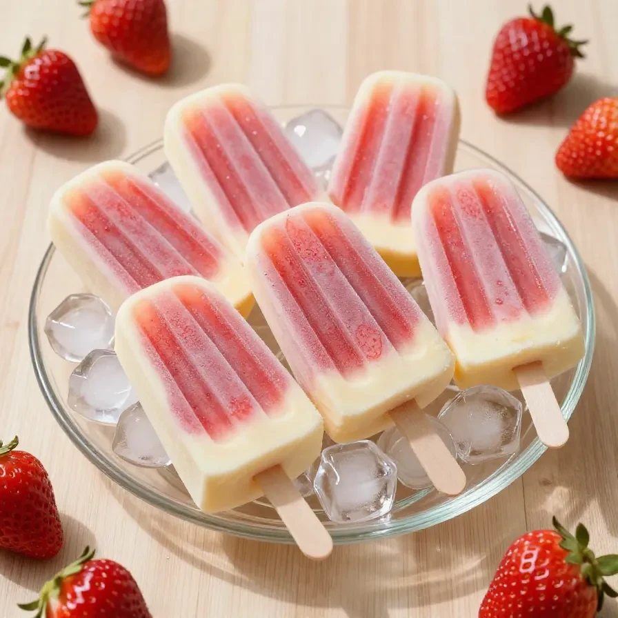 Picolé de iogurte grego com pedaços de morango fresco.