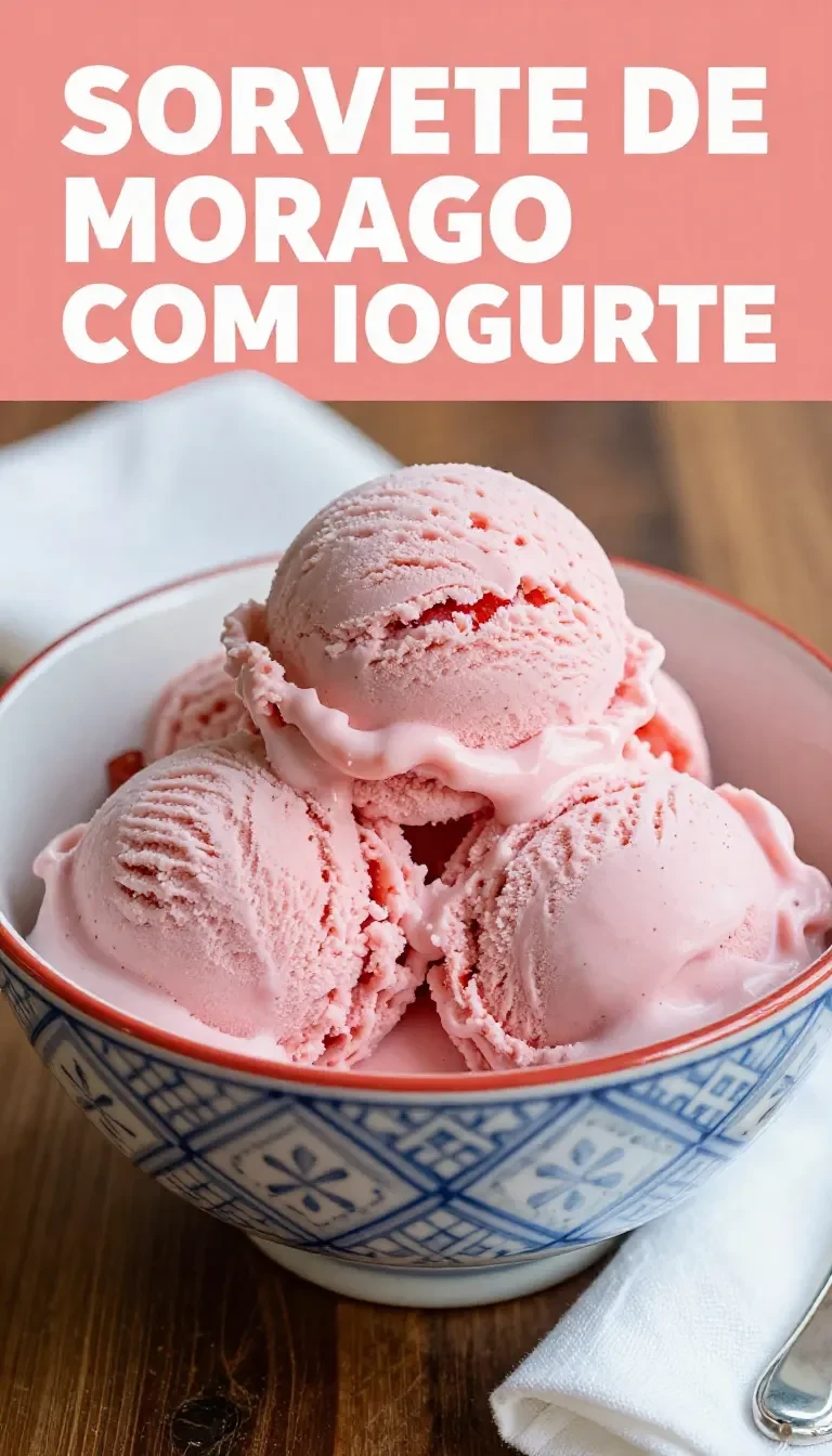 Taça de sorvete de morango com iogurte decorada com frutas frescas.