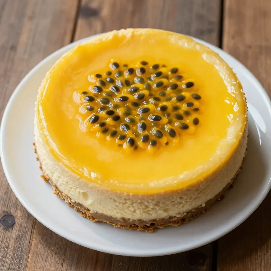 Torta mousse de maracujá decorada com sementes de maracujá e folhas de hortelã.