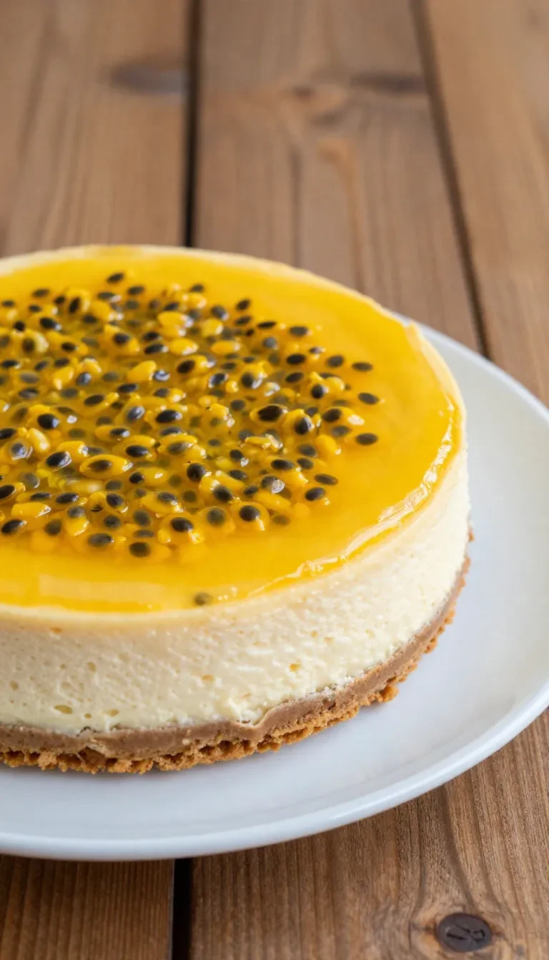 Torta mousse de maracujá decorada com sementes de maracujá e folhas de hortelã.