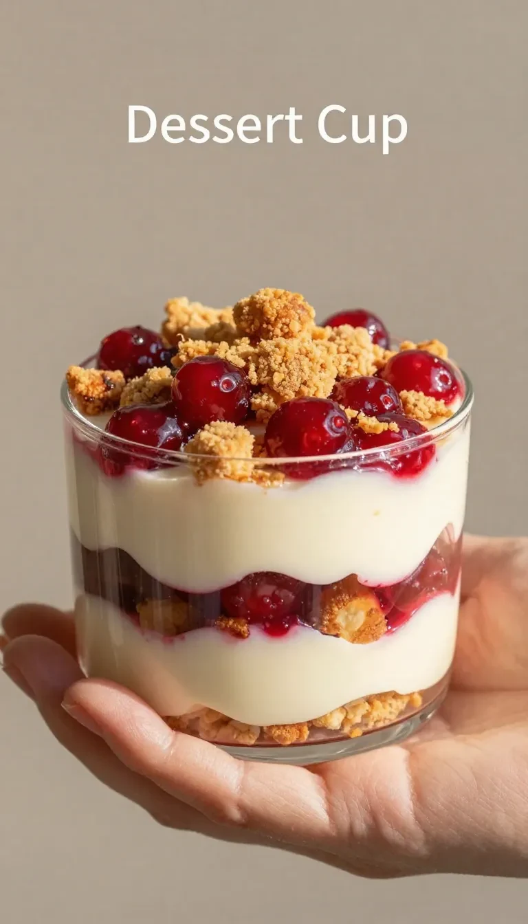 Torta de morango servida em um pote transparente com camadas de creme e pedaços de morango.