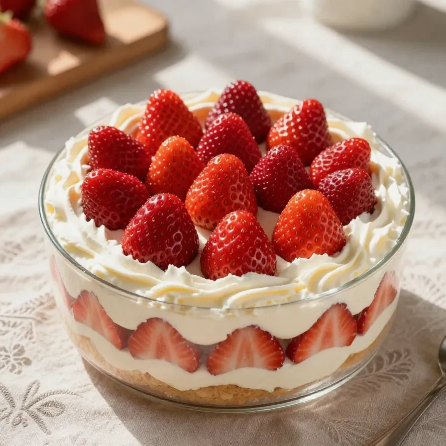 Pavê de Leite Ninho com Morango servido em uma travessa, decorado com morangos frescos.