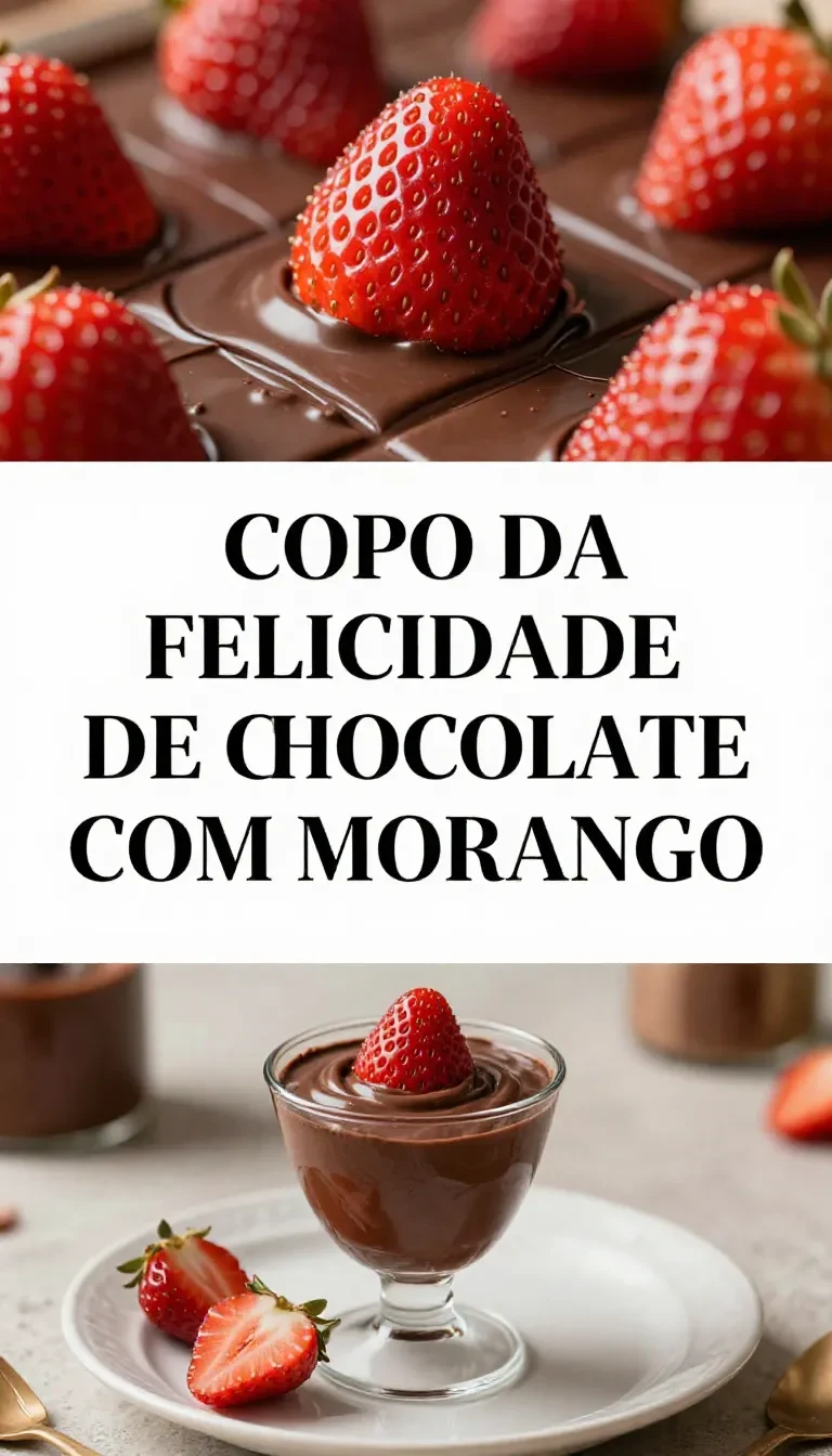Copo da felicidade de chocolate com morango, decorado com chantilly e pedaços de morango.