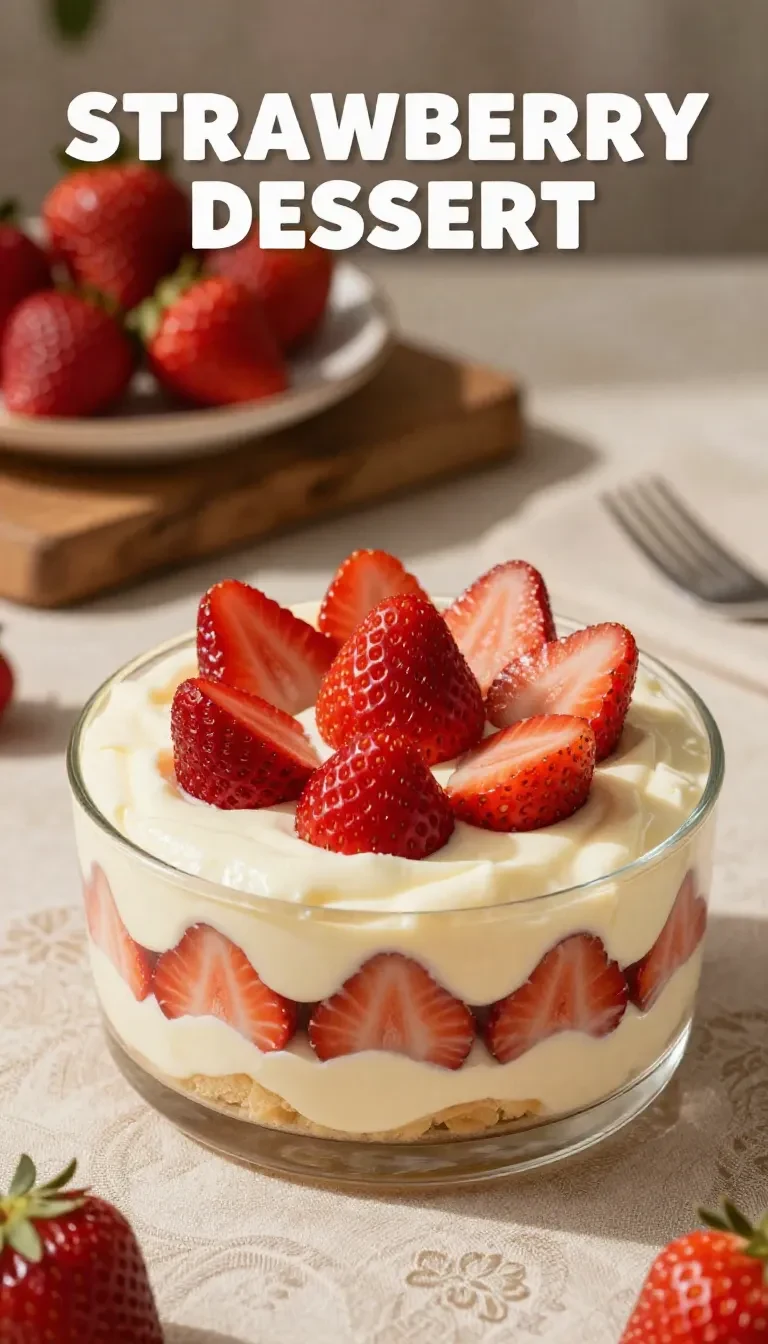 Pavê de Leite Ninho com Morango servido em uma travessa, decorado com morangos frescos.