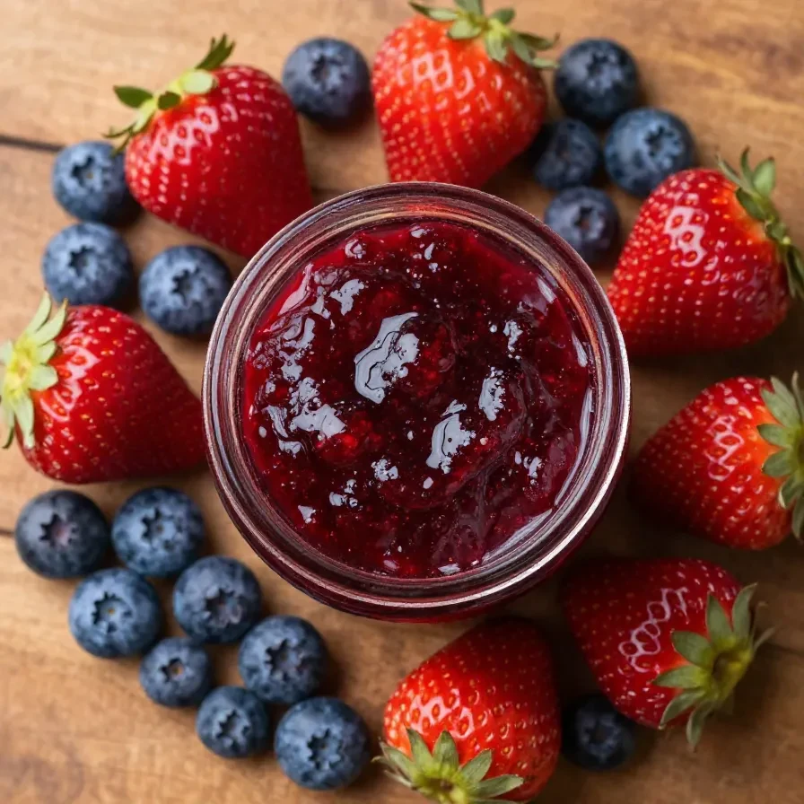 Pote de geleia sem açúcar ao lado de frutas frescas em uma mesa de madeira.