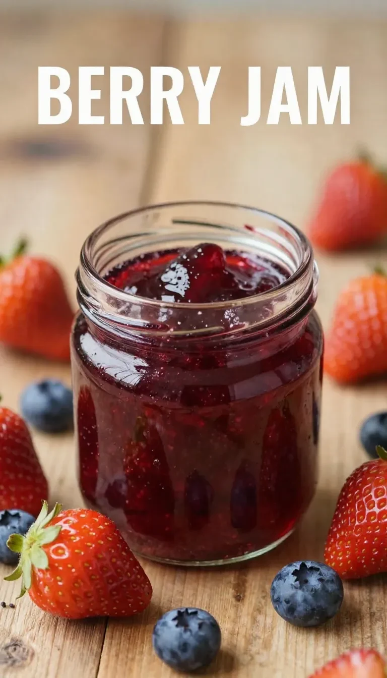 Pote de geleia sem açúcar ao lado de frutas frescas em uma mesa de madeira.